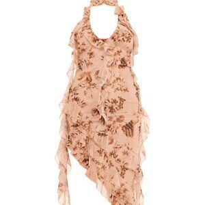Pretty Little Thing Dress Slit chiffon plunge Floral Halter women’s nude Midaxi